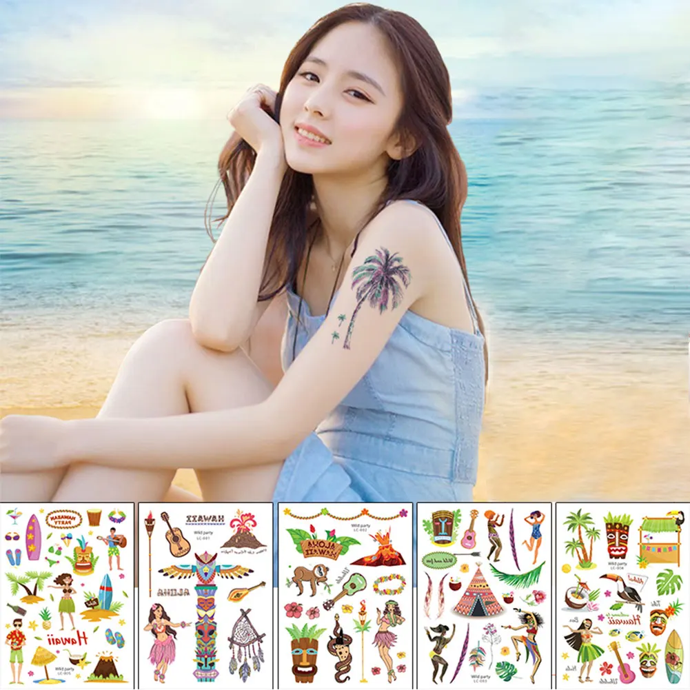 

Hawaiian Beach Party Tattoo Stickers Hawaii Luau Waterproof Temporary Tattoos Summer Tropical Pool Wild Aloha Party Supplies