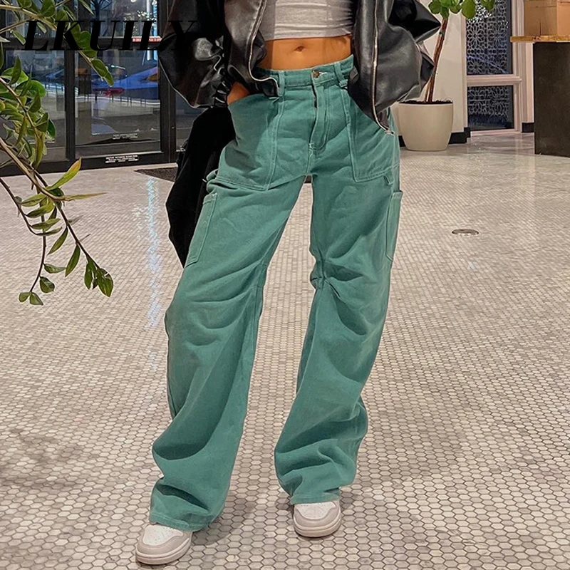 

Harajuku Aesthetics Cargo Denim Women Y2K Streetwear Baggy Casual Straight Jeans 2022 Fashion Clothes Wide Leg Trousers Overalls