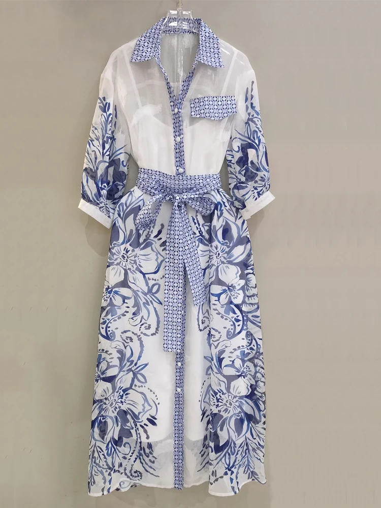 Женское винтажное платье-рубашка AELESEEN длинное прозрачное платье с отложным