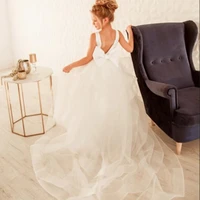 ball gown white bridesmaid dress girls wedding party flower girl dresses kids pageant first communion gown big bow long sleeves