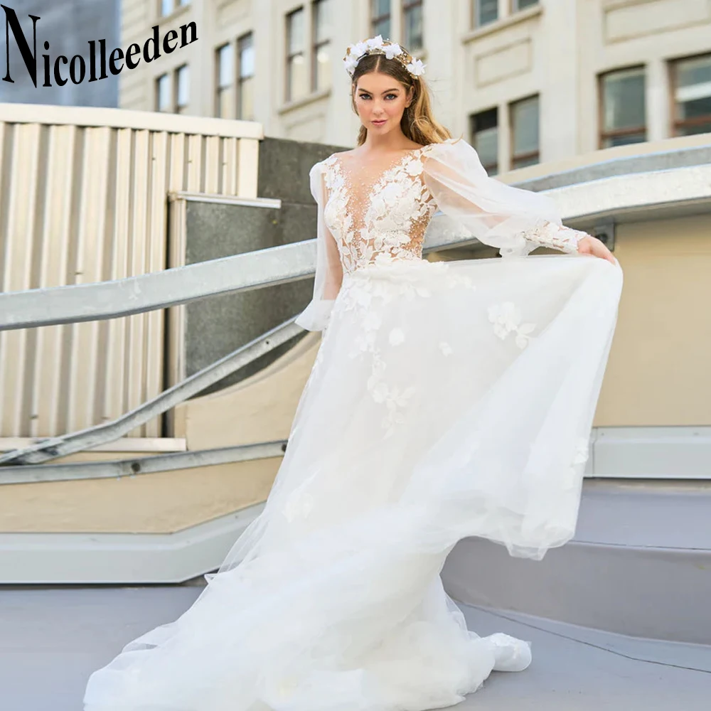 

Nicolle Vintage Scoop Wedding Dresses 2023 Bride Tulle Button Lace Appliques Lantern Sleeves Court Train Vestidos De Novia