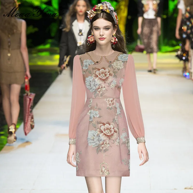 

Spring Runway Dress Women's Peter pan Collar Lantern Sleeve Print Short Fashion Jacquard Dress