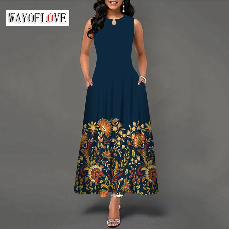 

WAYOFLOVE Summer Woman Elegant Blue Long Dress Party Casual Beach Holiday Sleeveless Pocket Vestidos Flowers Print Vintage Dress
