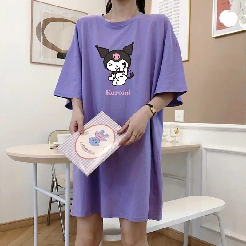 

Sanrio Kuromi Short-Sleeved Nightdress Kawaii Cartoon Thin Girls Dress Cute Summer Long Pregnant Women's Pajamas