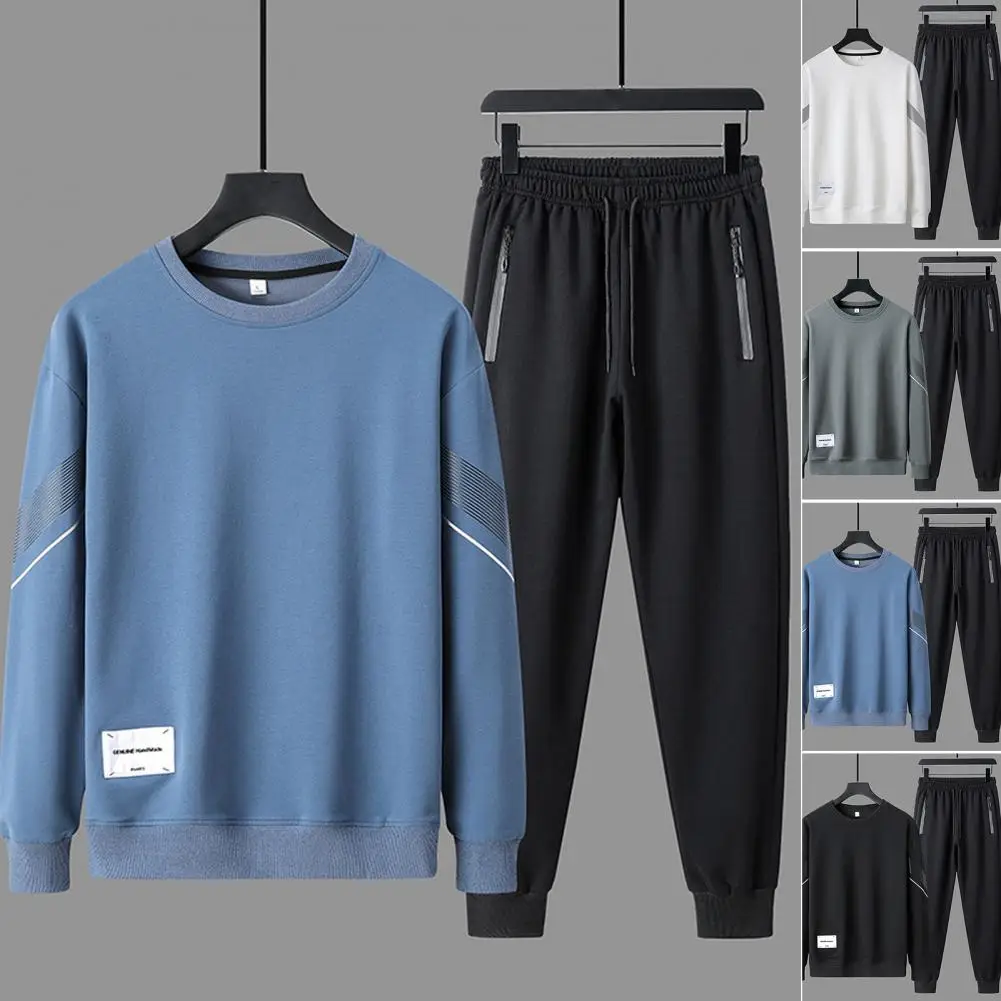 Sporty 1 Set Popular Ribbed Cuff Top Drawstring Pants Spring Autumn Men Outfit Round Neck   for Jogging