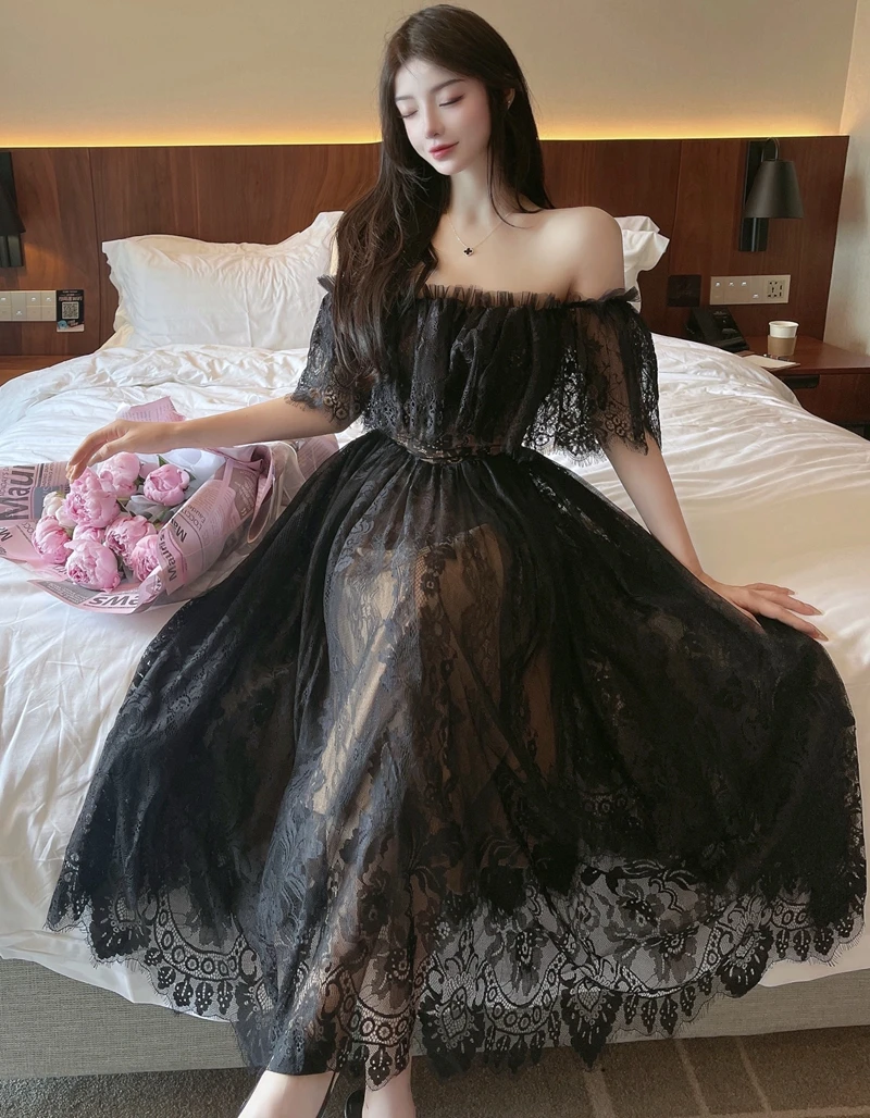 

Black Lace Dress Women 2022 Summer French Retro One-Shoulder Ruffled Banquet Dress Skirt High Waist Puffy Black Dress