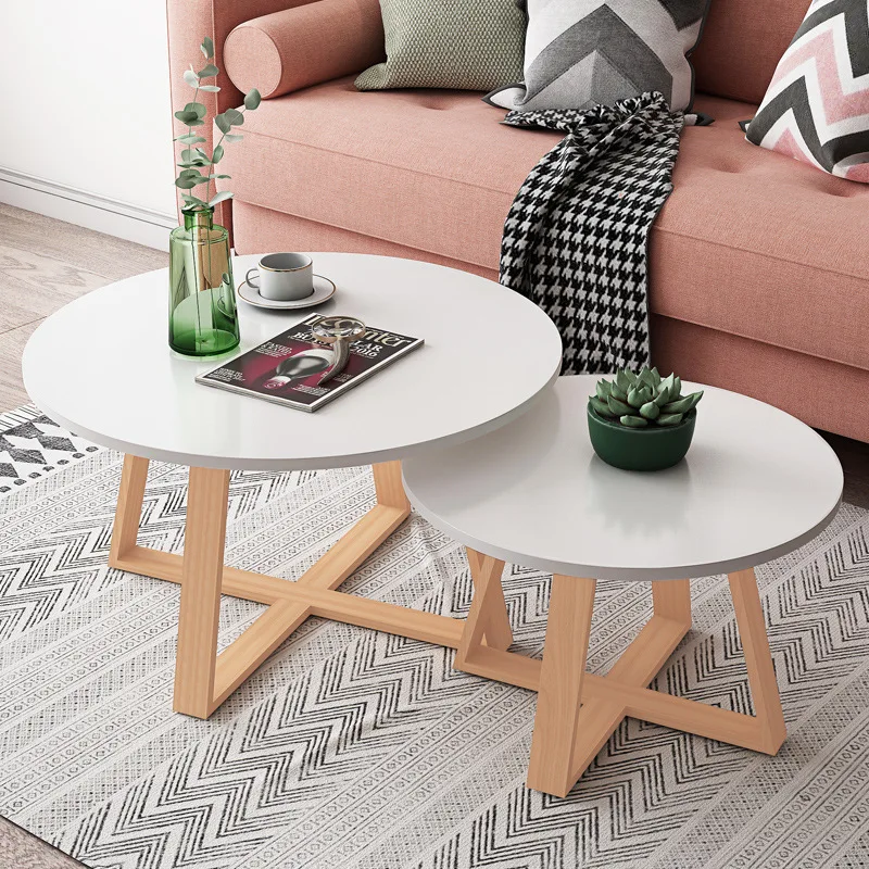 

Double Circle Combined Tea Table Living Room Home Solid Wood Legs Simple Modern Small Coffee Table Balcony Bedroom round Table