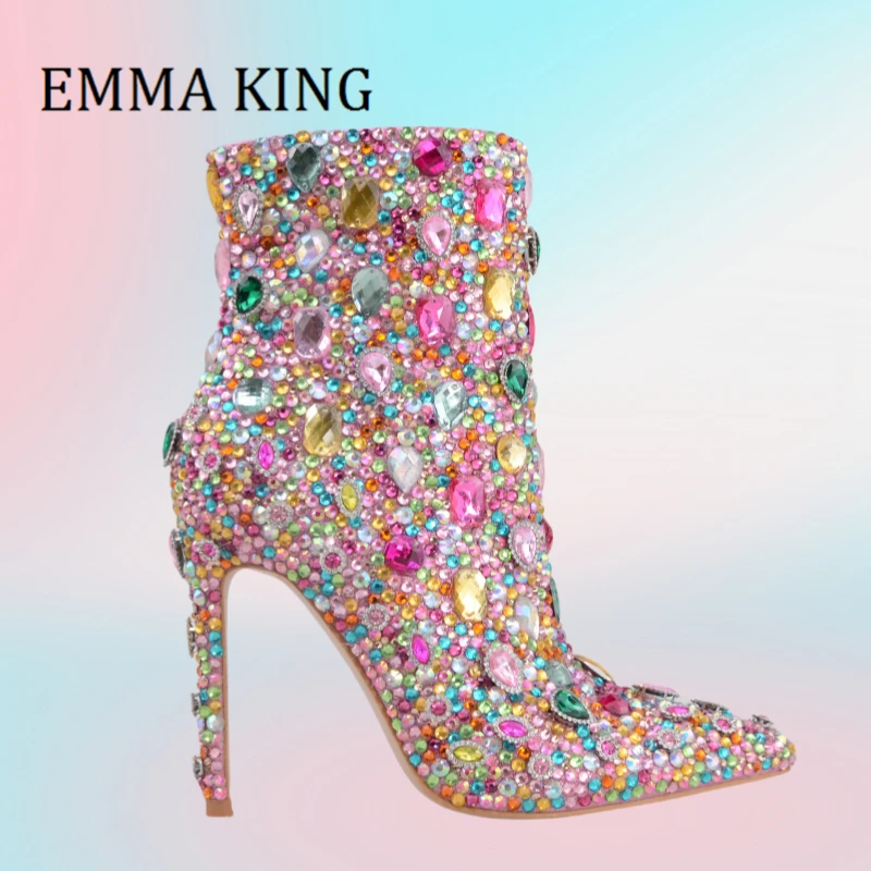 Женские разноцветные ботильоны с инкрустацией бриллиантами женские ботинки на