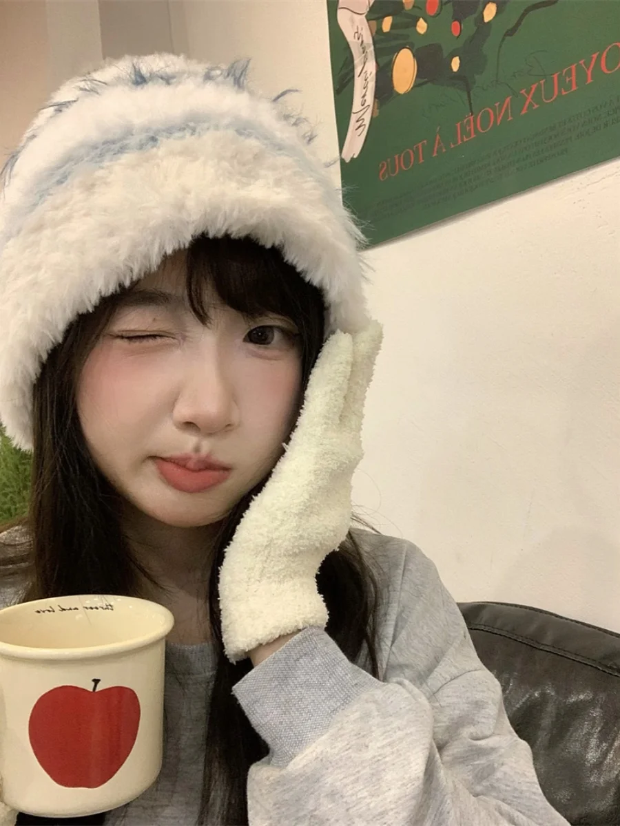 Thickened Plush Knitted Hat for Women Autumn and Winter Cold-Proof Woolen Cap Warm Earmuff Face-Looking Korean Sle Big Head...