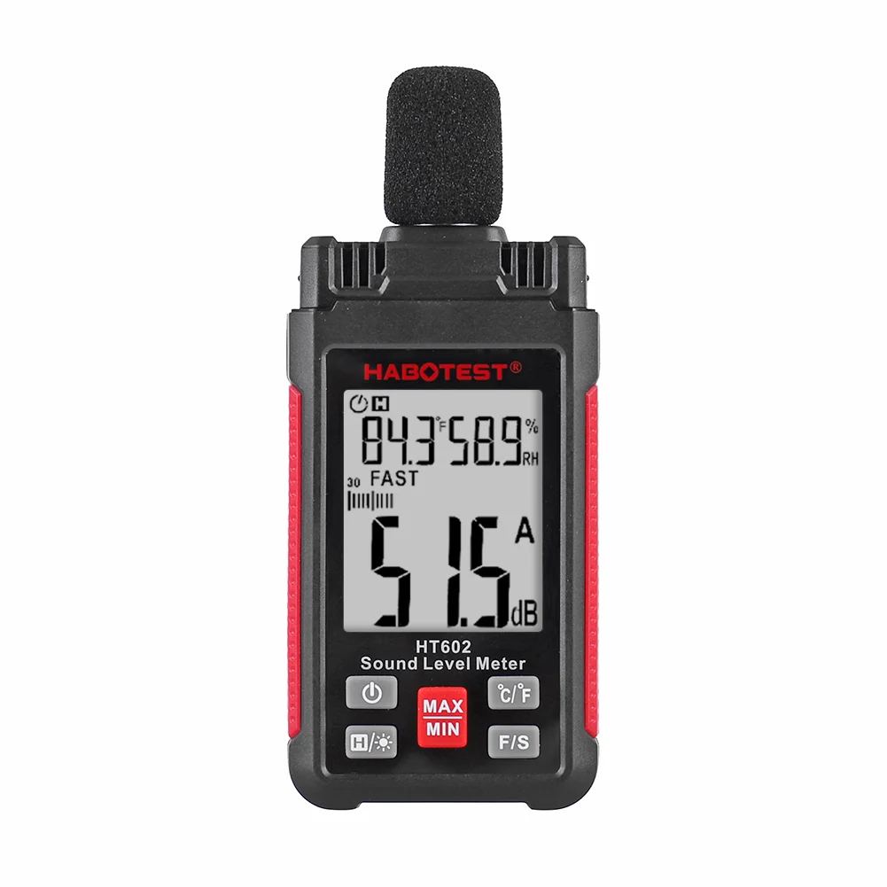 

HT605 Digital Sound Level Meter 30-130dB Decibel Monitor Noise Audio Detector Temperature Humidity Tester Measurement Tools