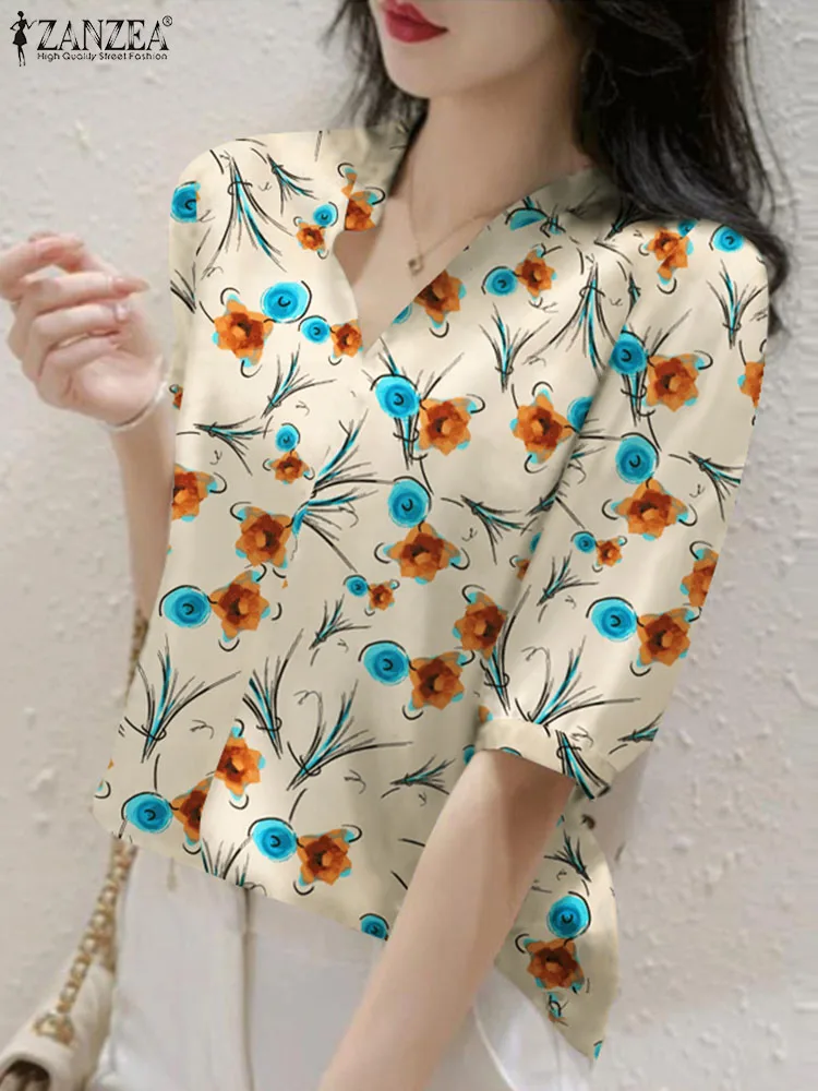 

Модные корейские женские праздничные туники ZANZEA женская блузка с цветочным принтом 2022 рубашка с полурукавами-фонариками пикантные топы с V-...
