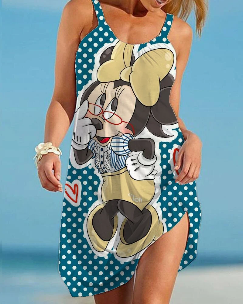 

Disney Summer Boho Sexy Sling Beach Dress Minnie Print Women Sleeveless Dresses Hawaii Casual Vintage Beachwear Girl Night Dress