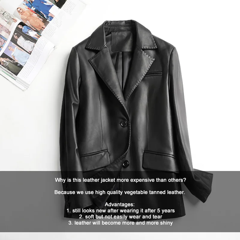 2022 Autumn New Leather Jackets Women Real Sheepskin Blazer Solid V-Neck Long Sleeve Coats CL4024