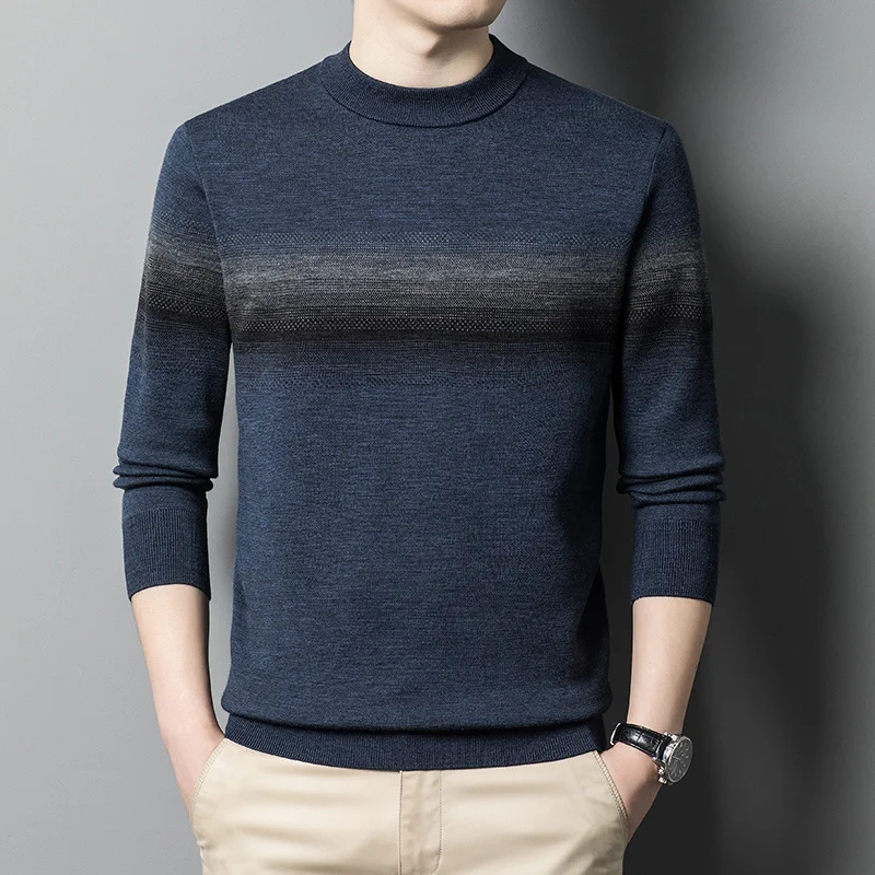 Autumn and Winter Pure Wool Sweater Men's New Gradient round Neck Pullover Thickened Casual Sweaters Top