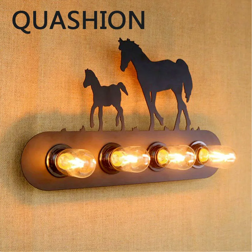 

Retro Wall Lamp Rustic Iron 4 Heads Wall light for Bedside LED Creative Horse Shape Home Decors Lighting Fashion Bar Cafe бра