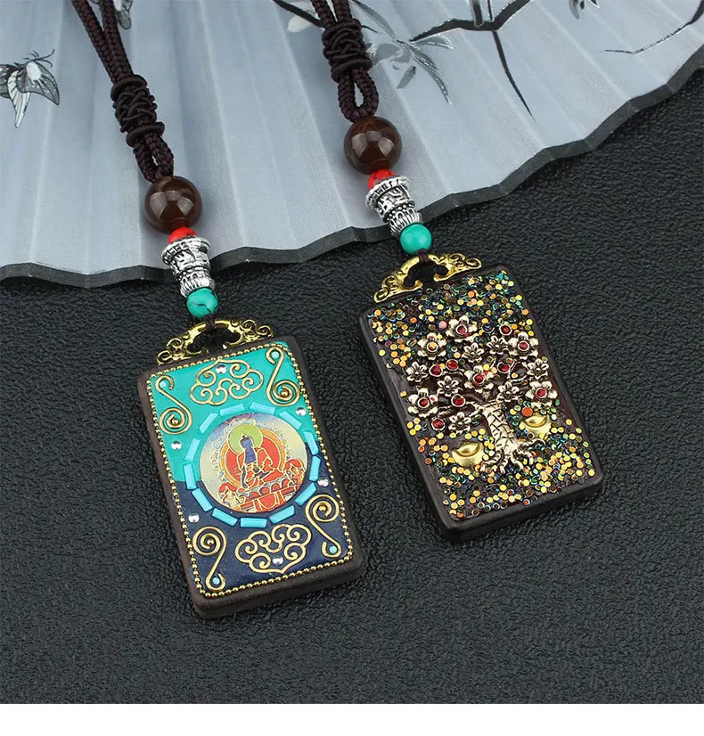 

Непальское дерево удачи, ожерелье из эбенового дерева Thangka, Длинная подвеска с благоприятным облаком и Буддой