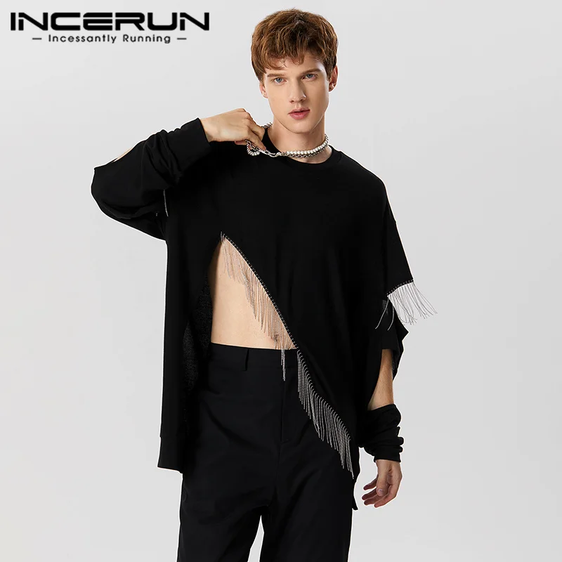 

Fashion Hot Selling Tops INCERUN New Mens Hollowed Patchwork Tassel Design T-shirts Solid Loose Long Sleeved Camiseta S-5XL 2023