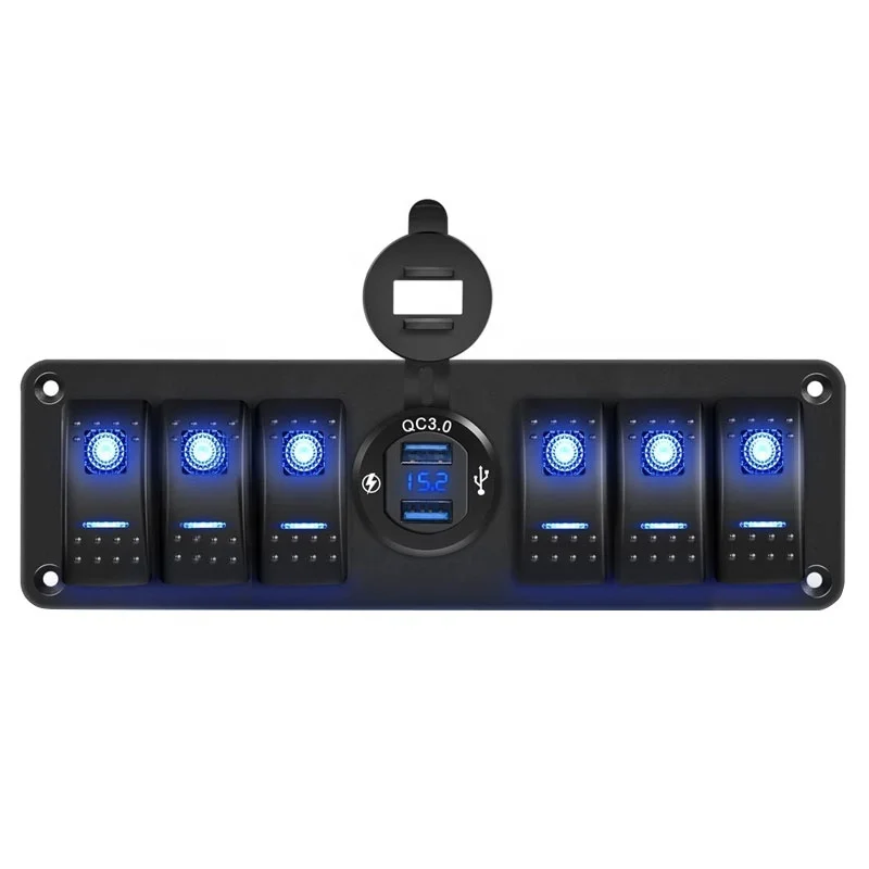 

6 Gang Rocker Switch 12V SPST ON Off Switch QC 3.0 USB Charger Voltmeter Waterproof Aluminum Rocker Switch Panel