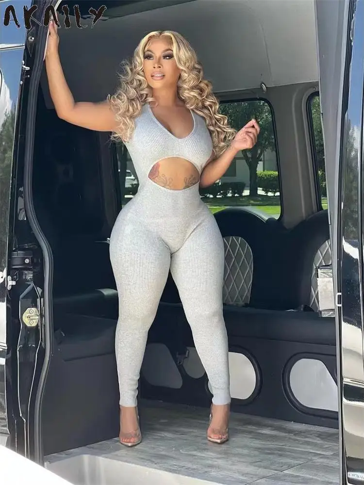

AKAILY Summer Bodycon Jumpsuits Women 2022 Sleeveless Hollow Out Rompers Womens Jumpsuit White Black One-pieces Outfits Female