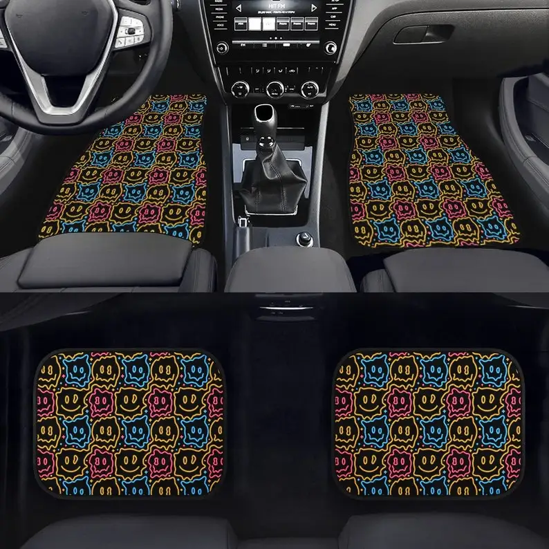 

Drippy Smiley Faces Car Floor Mats - Psychedelic Happy Face, Colorful Stoner Car Accessory, Trippy Vibrant Car Accessories, Funk