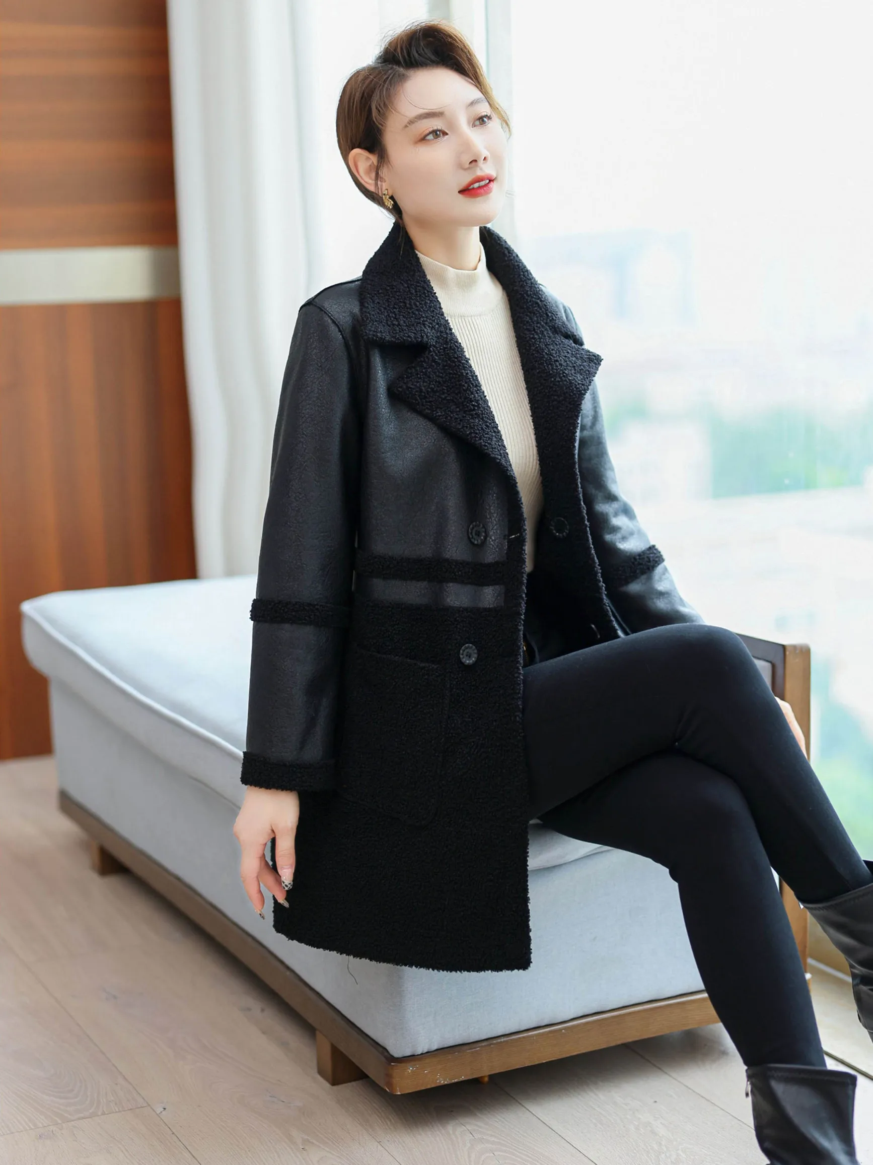 XL-6XL Plus Size Women Reversible Sheepskin Coat 2022 Winter Turn-down Collar Lambskin Leather Jacket Female Long Wool Fur Coat