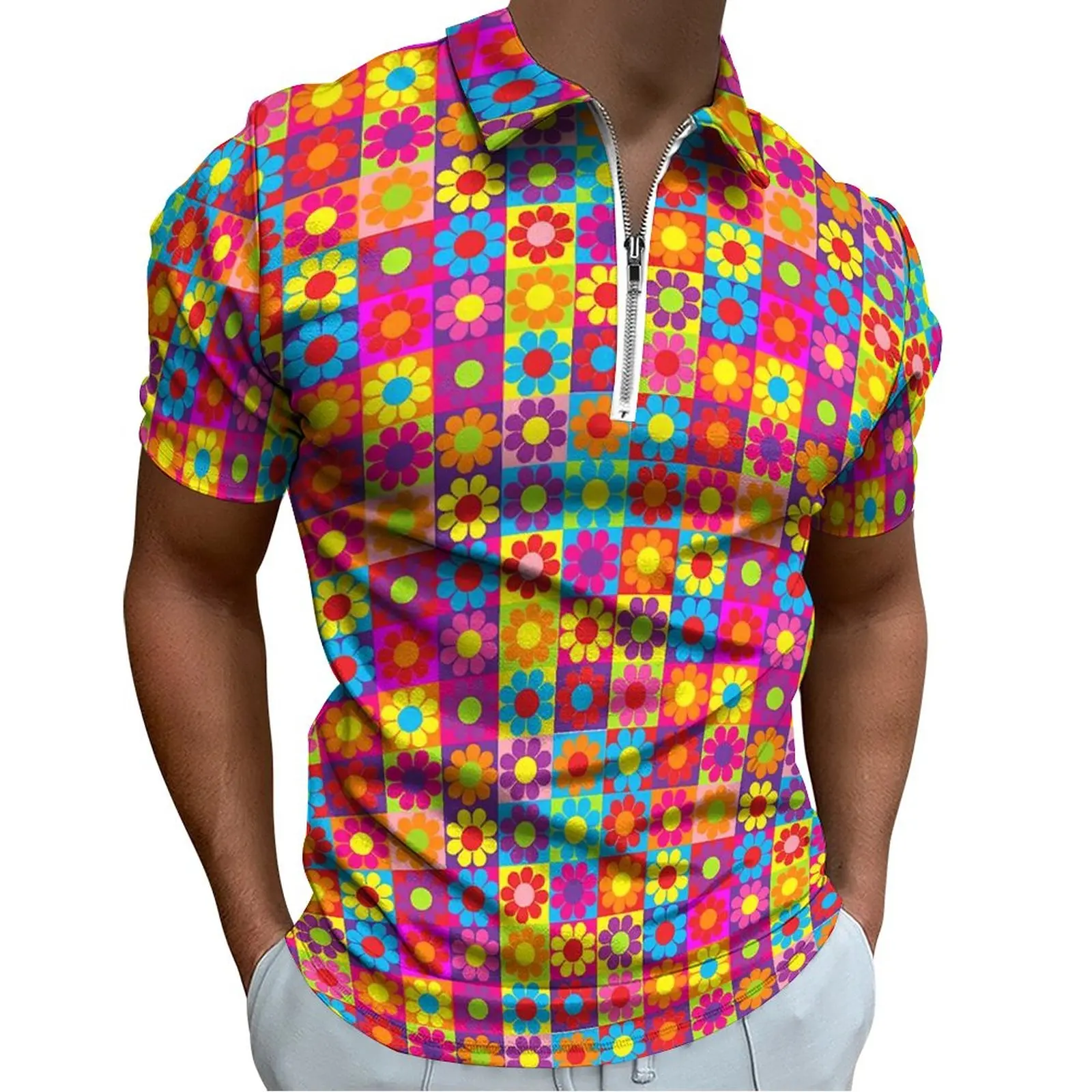

Flower Power Casual T-Shirts Squares Print Polo Shirts Trending Shirt Day Short-Sleeved Design Clothing Big Size