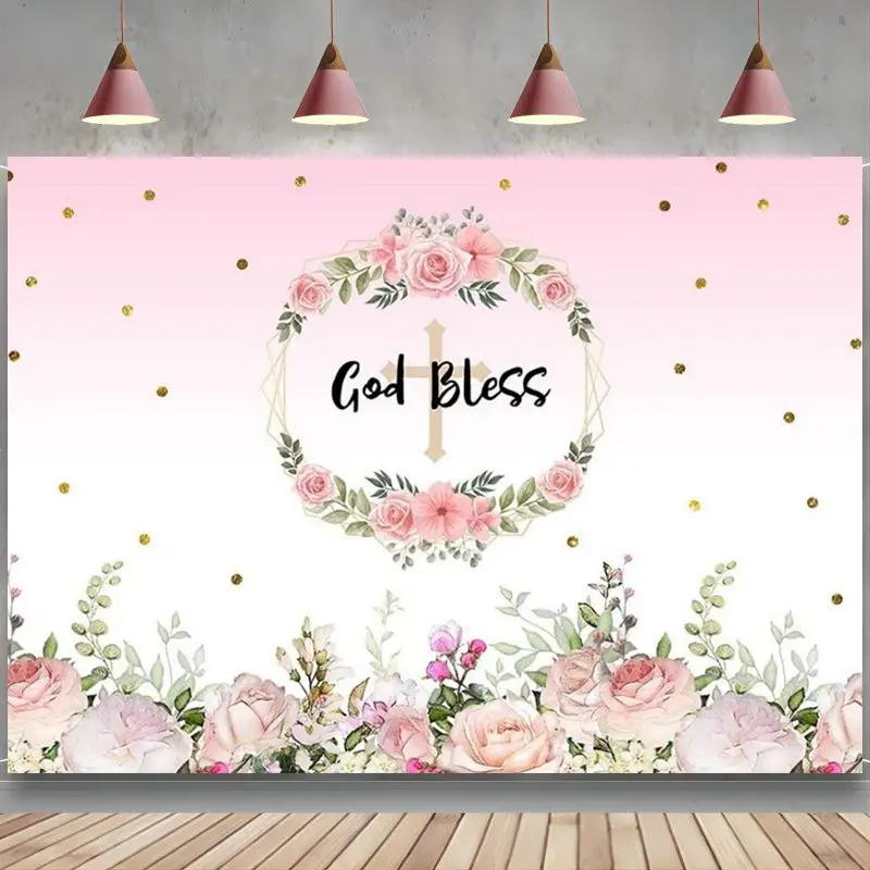 

God Bless Baptism Backdrop Baby Sparkle Bokeh First Holy Communion Background Pink Floral Baby Christening Party Banner