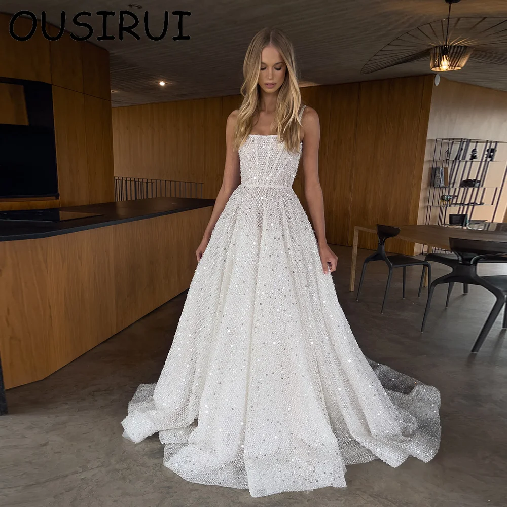 Женское свадебное платье с квадратным вырезом OUSIRUI блестящее ТРАПЕЦИЕВИДНОЕ