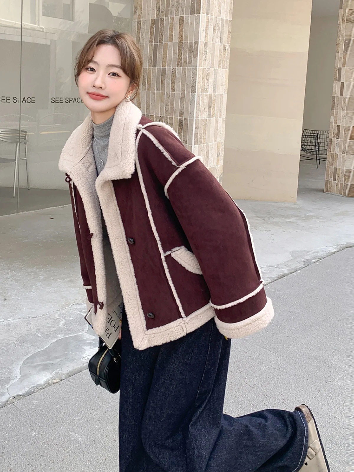 Ankela Red Lamb Wool Утепленная верхняя одежда на флисовой подкладке Женская зимняя новая