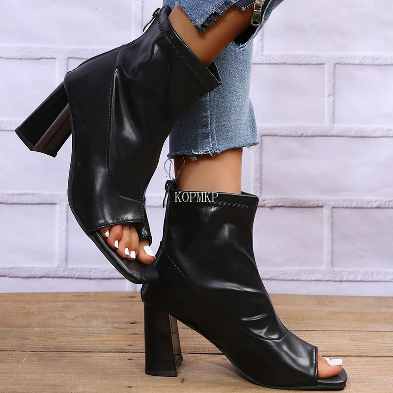 

Sexy High Heels Women's Shoes Party Pumps Ladies Open Toe Leather Square Heels Shoes Plus Size 43 Zipper Zapatos De Mujer Tacon