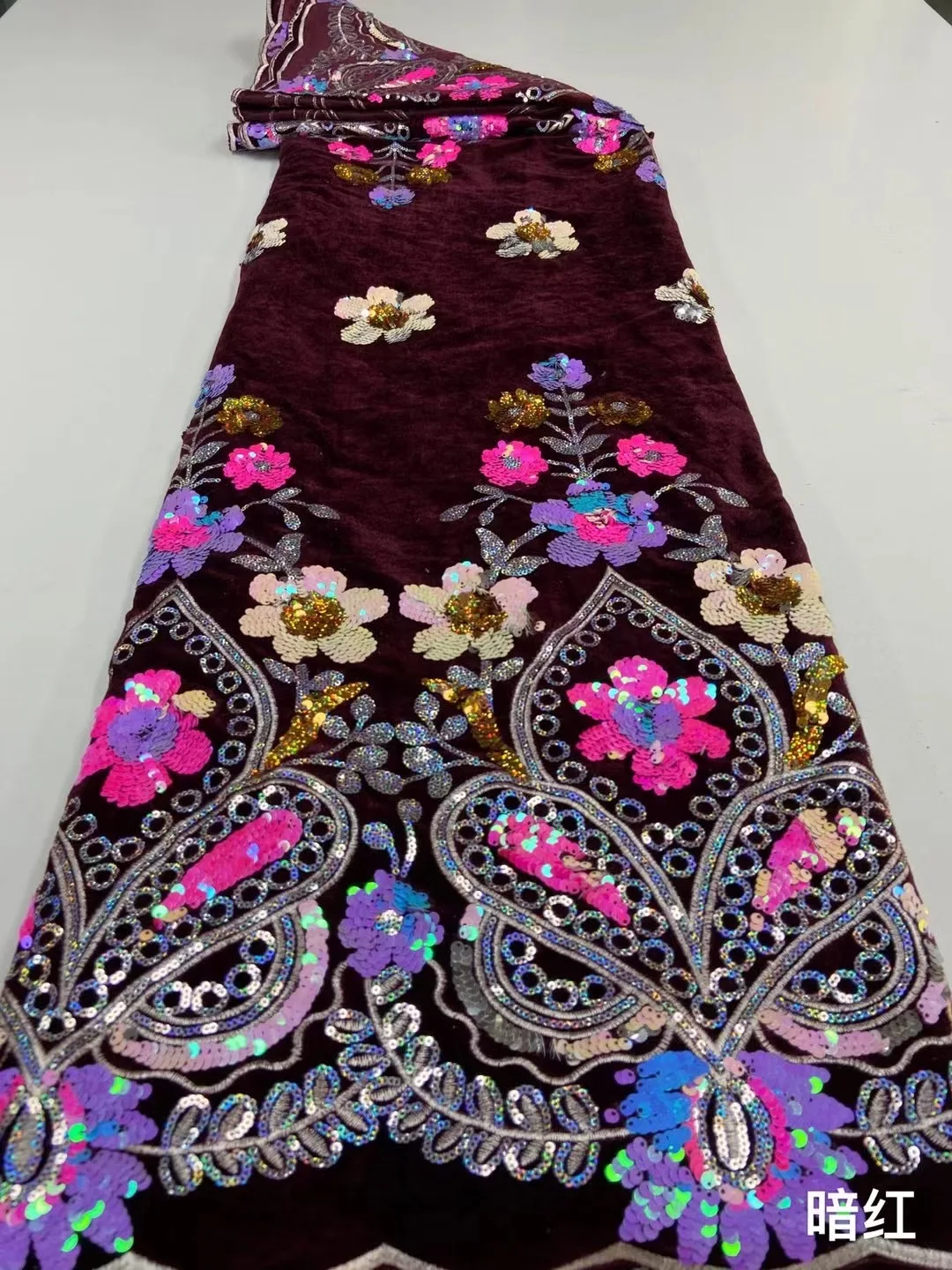 

African Most Popular Velvet Lace Fabric 2022 French 5 Yards Sequins Fabric High Quality Embroidered Lace Women Party Dress Sew