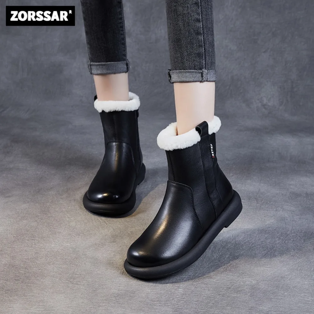 

Genuine Leather Wool Snow Boots Women 2023 New Winter Thickened Plush Warm Cotton Boots Flat Zipper Mid Calf High Boots