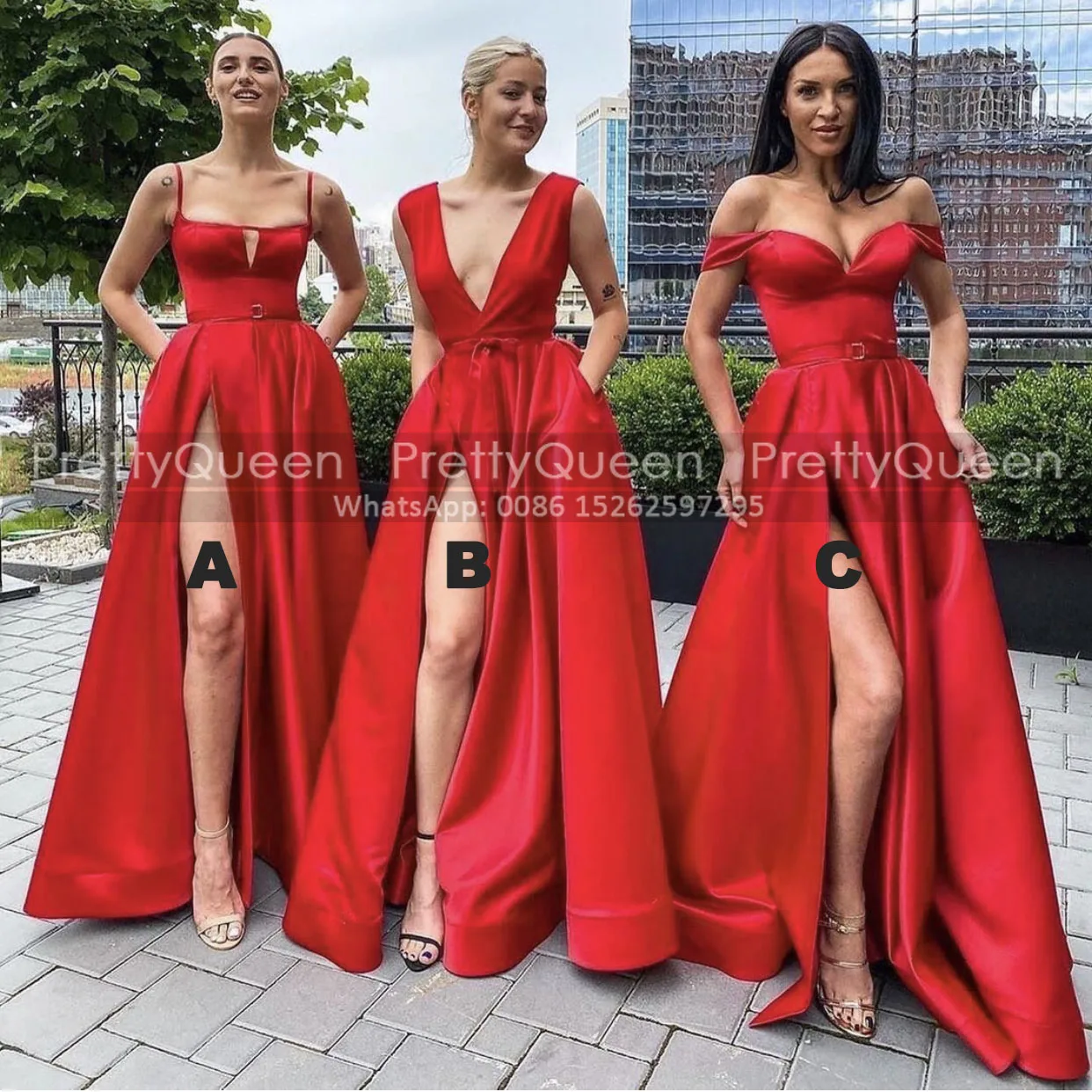 

Sexy A Line Prom Dresses Evening Reception Dress WithThigh High Split Long Red Satin Reception Dress Evening Formal