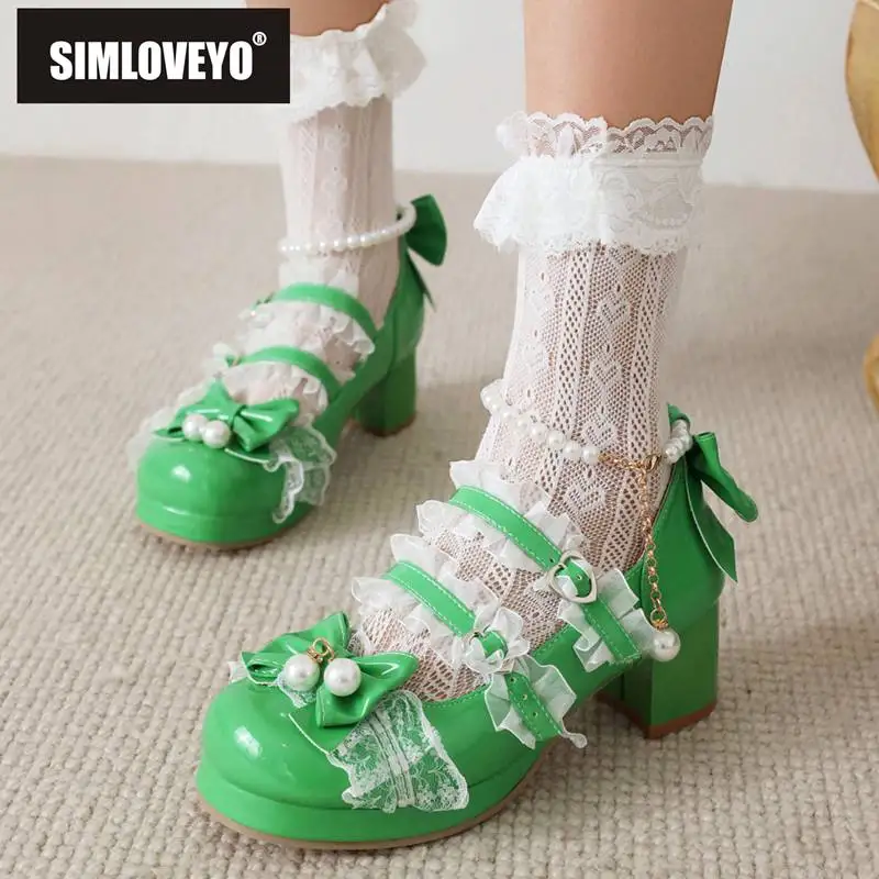 

SIMLOVEYO женские туфли-лодочки в стиле Лолиты с круглым носком на массивном каблуке 5 см платформе 1,5 см милые туфли для девочек с бантом и бусинами маленький размер 30 31