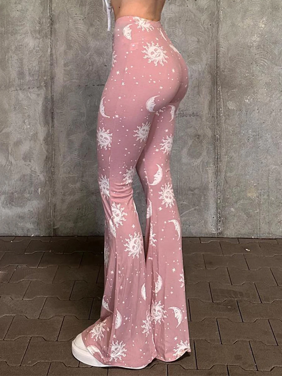 

Женские расклешенные брюки, эластичные леггинсы с высокой талией и принтом солнца, луны, S, M, L