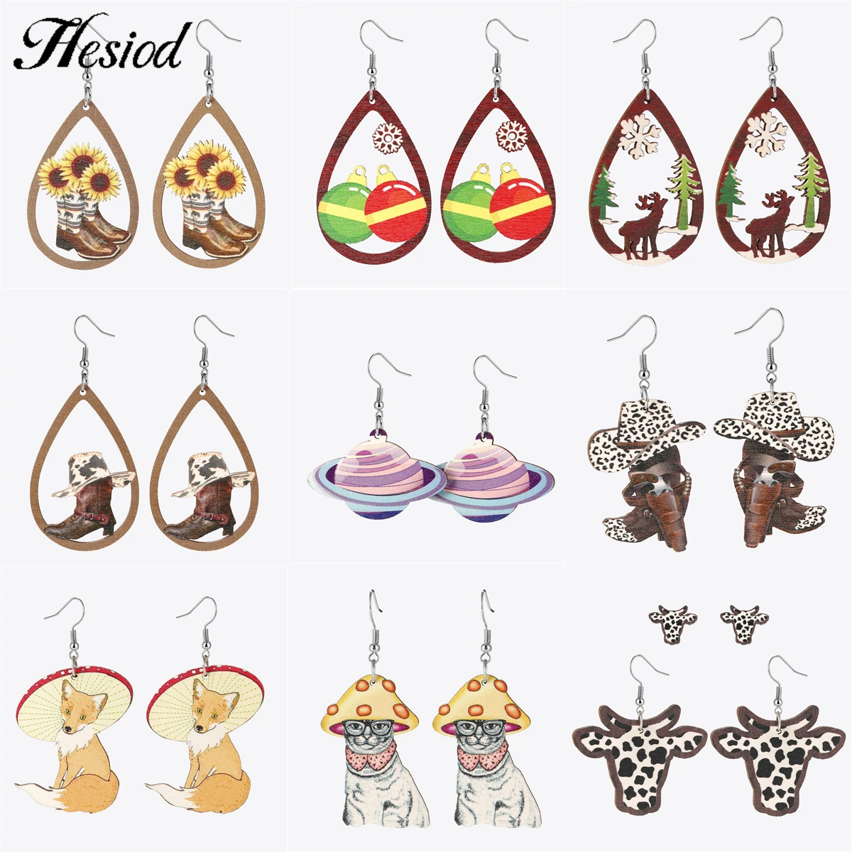 

New Design Hollow Water Drop Wooden Cowboy Boot Deer Saturn Cow Pattern Pendant Hanging Earrings For Women Jewelry Accessories