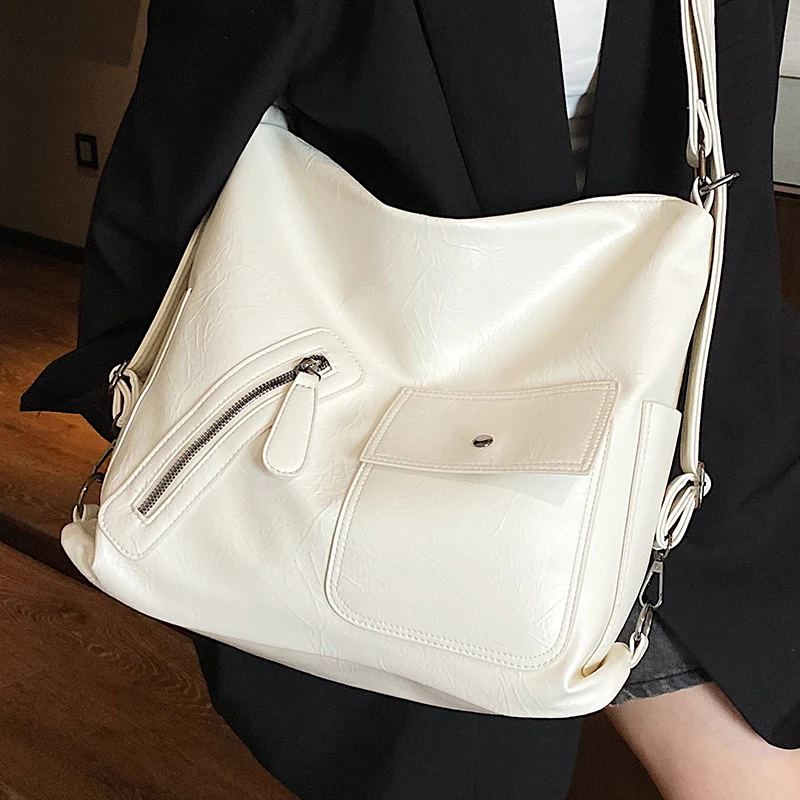

Female White Commuter Handbag Large Multi Pocket 2 In 1 Shoulder Bag and Backpack for Women Soft Pu Leather Ladys Crossbody Bags
