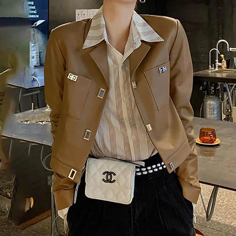 2023 Women New Genuine Sheep Jacket Casual Metal Buckle Real Sheepskin Leather Jacket E10