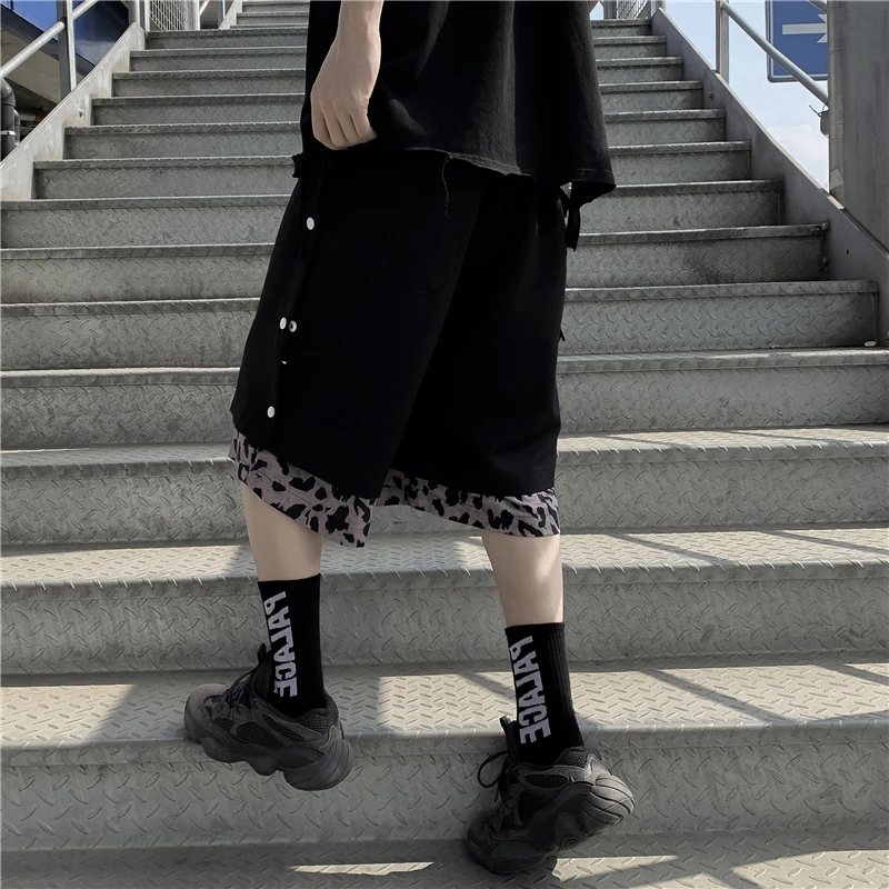 Harajuku Wide Leg Loose Straight Pants Men Women Summer Fake Two Pieces Five-pants Buckle Leopard Print Splicing Hip-hop Pants