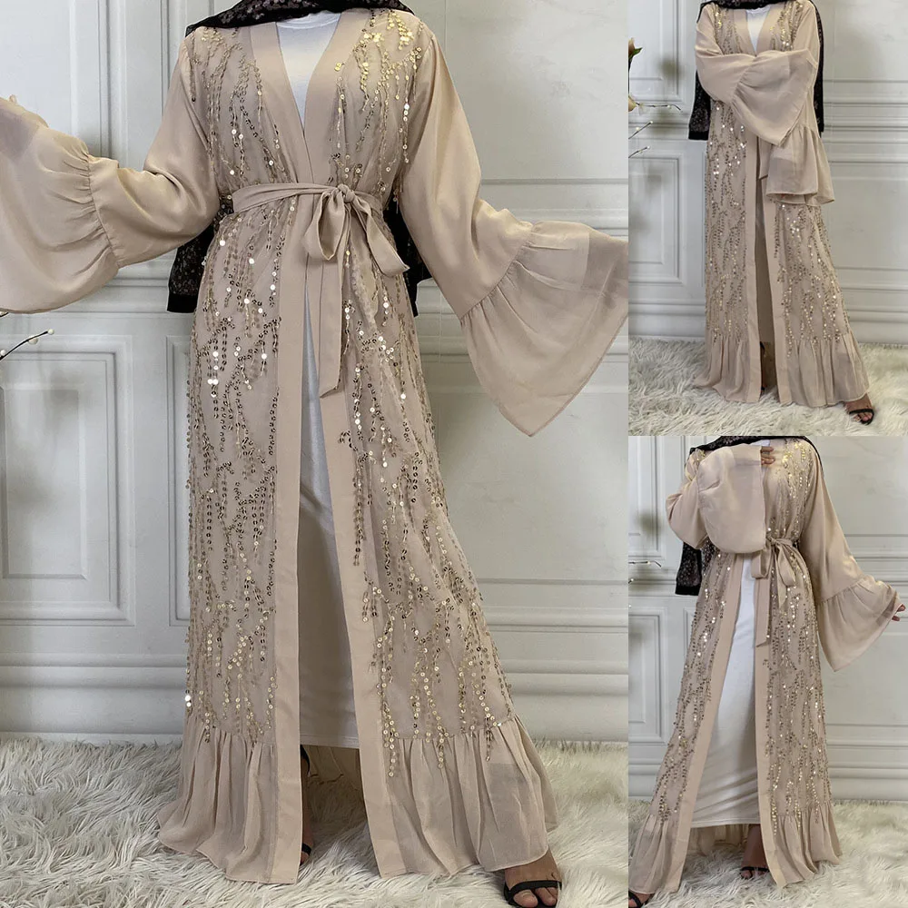 

Arabic Abaya Muslim Women Long Open Cardigan Sequins Luxury Maxi Robe Islamic Ramadan Middle East Dubai Chiffon Jilbab Fashion
