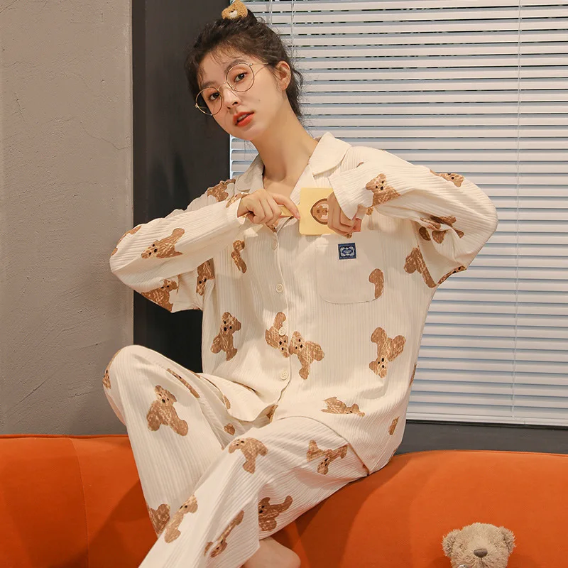 Comfortable Breathable Sleepwear Cardigan Long Sleeve Loungewear Pijamas Set for Women Kimono Large Size Women's Home Clothes