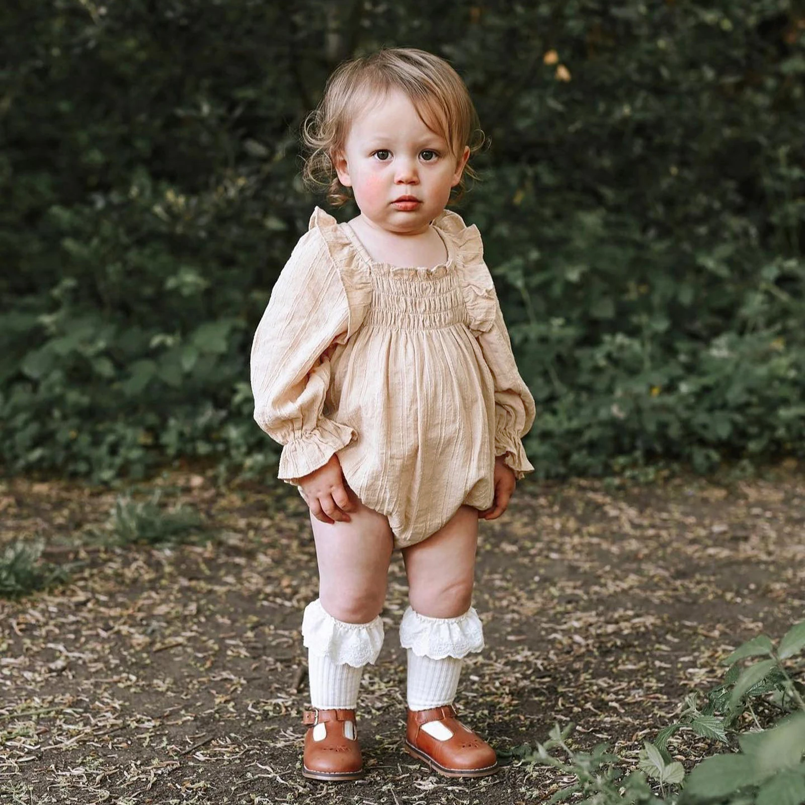 

Baby Girls Romper Set, Long Sleeve Pleated Solid Fall Romper with Bowknot Hairband