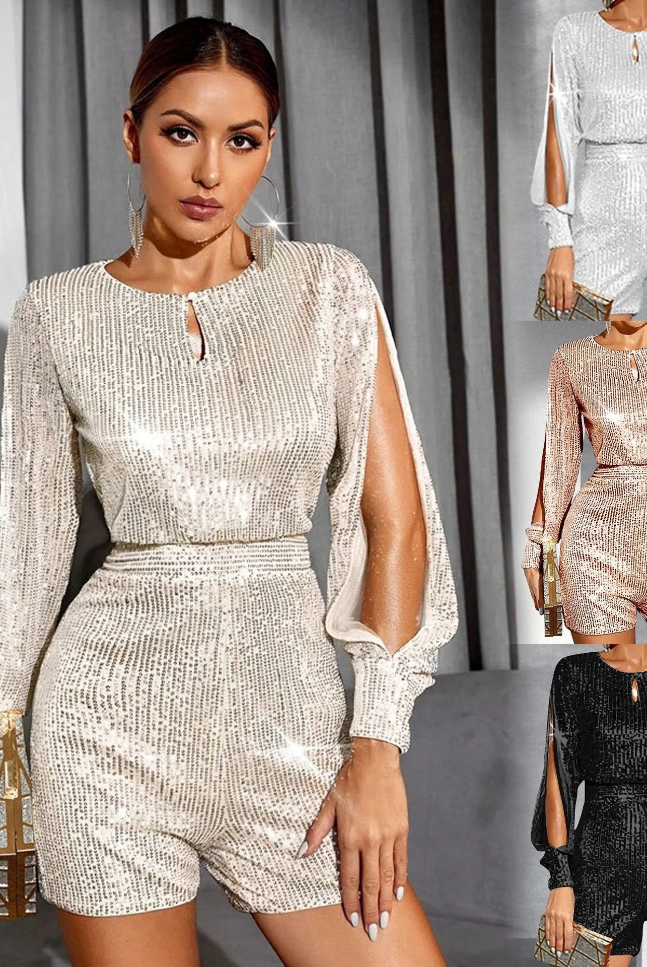 

EvaQueen EvaQueen Women's 2022 Jumpsuit fashion long sleeve split Sequin Jumpsuit