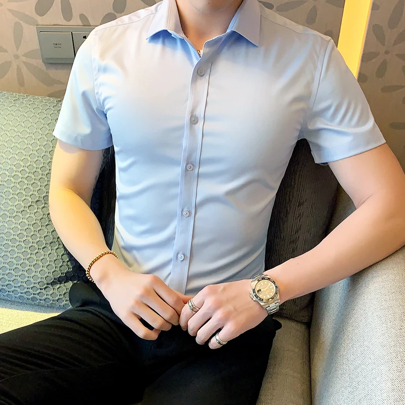 

Men's trendy simple new solid color short-sleeved shirt men's Korean version business casual shirt slim white inch shirt top