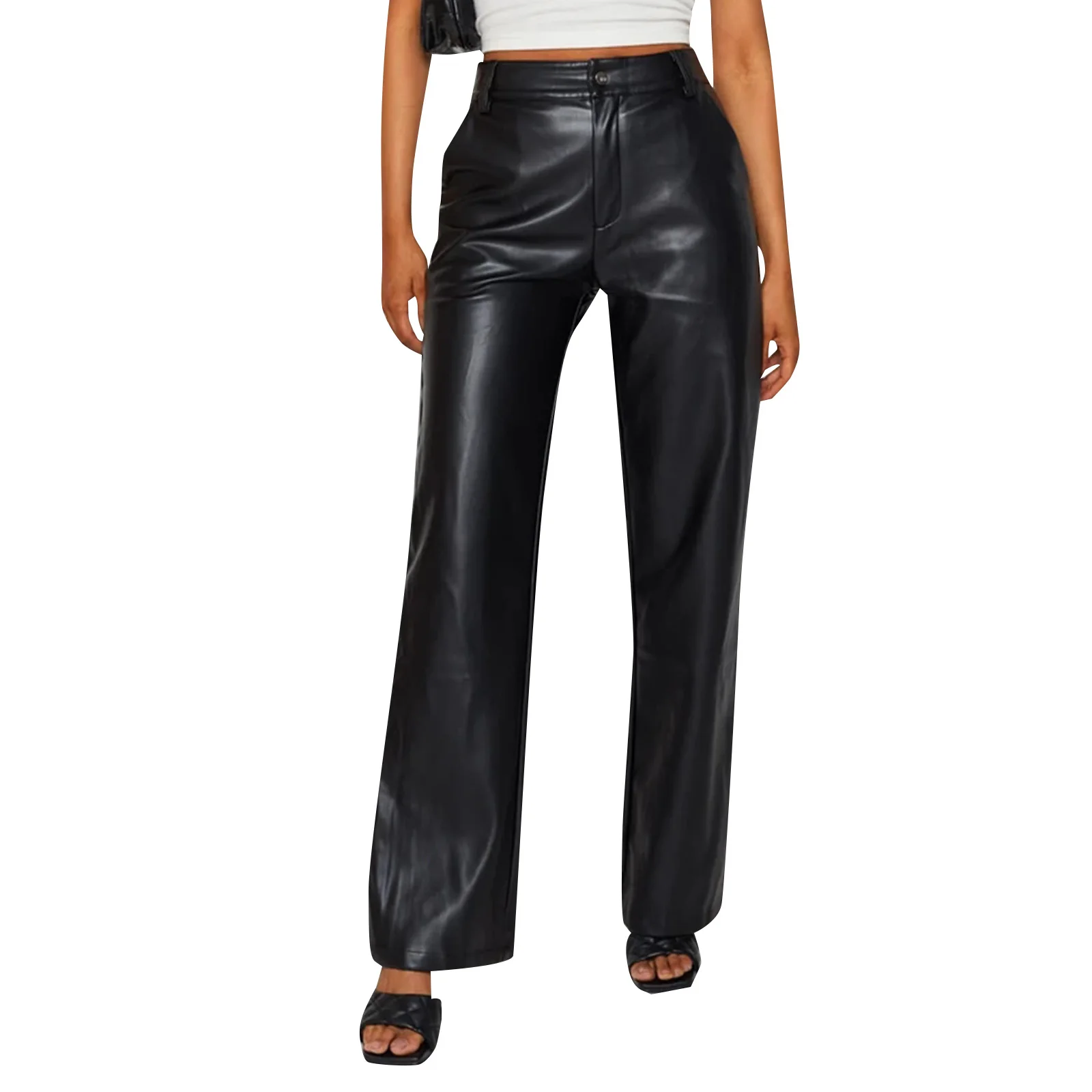 

Women Faux Leather Pants Solid Color High Waist Straight Wide Leg Leggings Slim Fit Trousers Vintage Streetwear 2022 New