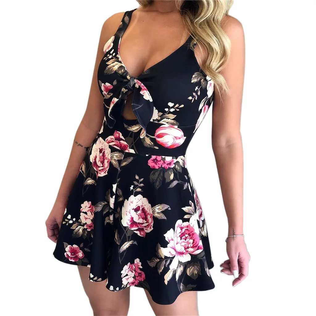 Casual Spring Summer Jumpsuits Women Rompers Beach Bohemian Fashion Flower Print Sexy Bow V Neck Sleeveless Loose Playsuits