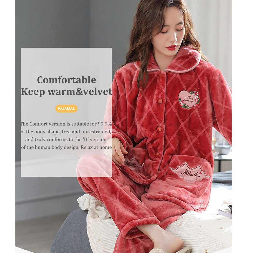 Women's Winter Flannel Night Wears Thick Warm Christmas Pajamas for Women Cozy Soft Pyjamas Sets Fashion Embroidery Plaid Pijama