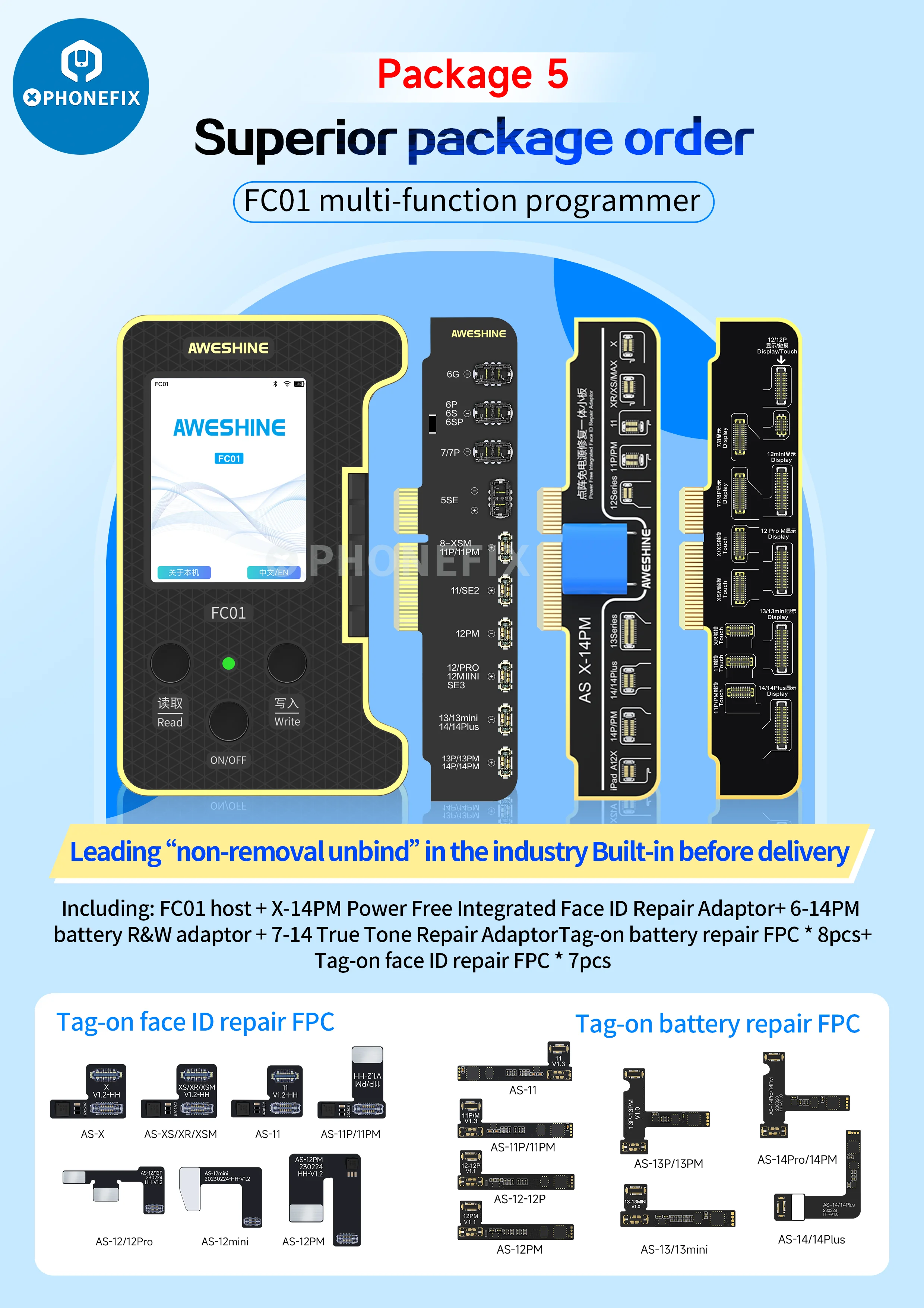 Программатор Aweshine FC01 с идентификатором лица для iPhone, точечный матричный проектор с True Tone, восстанавливающий аккумулятор, изменение данных о состоянии здоровья