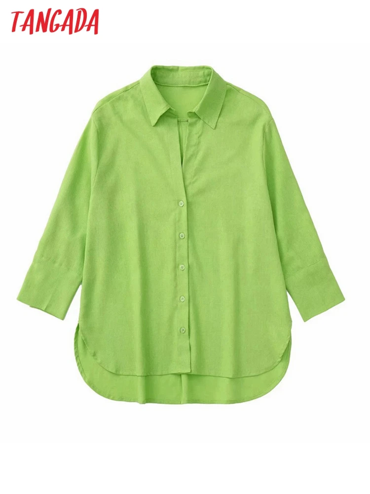 

Tangada women vintage green cotton linen shirt long sleeve 2022 chic female high street loose shirt 3H13