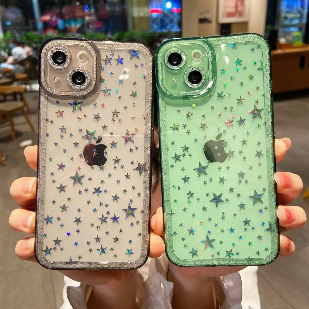 

Милый Блестящий телефонный чехол со звездами для IPhone 11 Pro Max 12 13 Xr X Xs 8 7 Plus, прозрачные мягкие силиконовые чехлы с рамкой